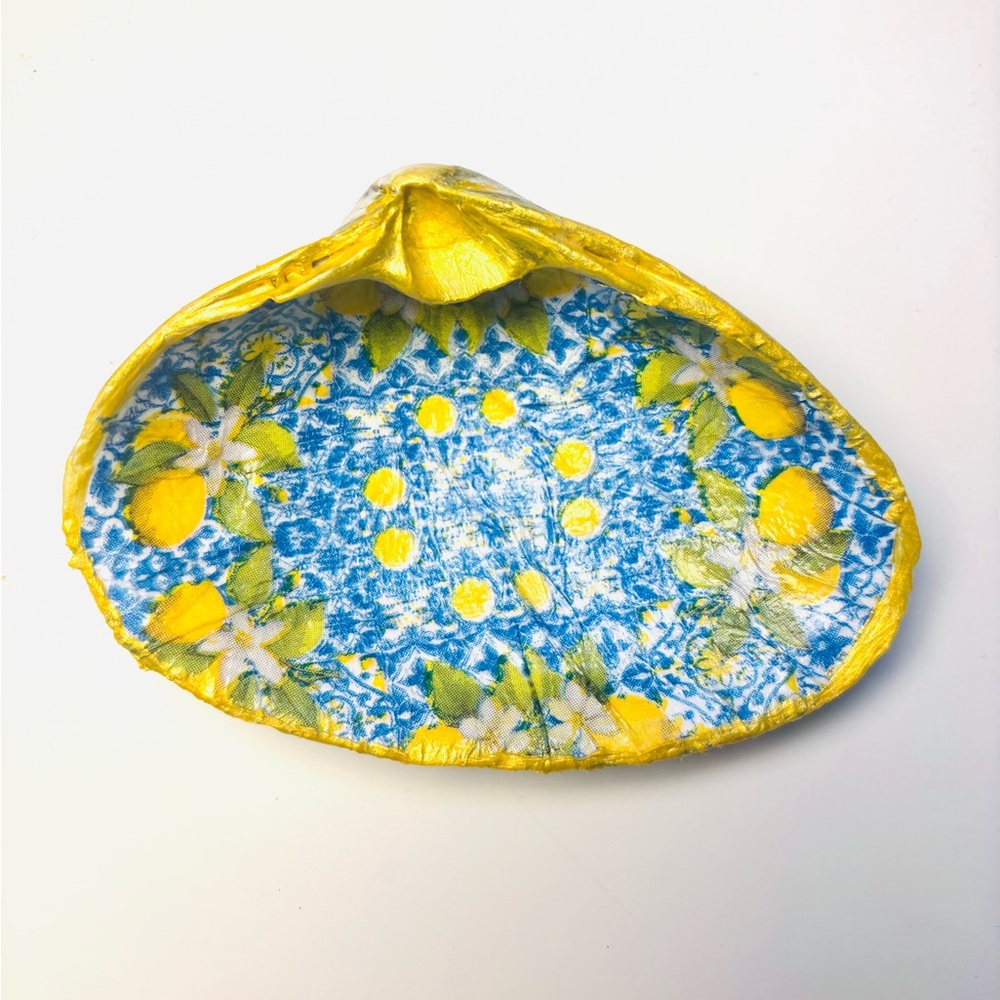 Handcrafted clam shell ring dish with Grecian lemon decoupage design